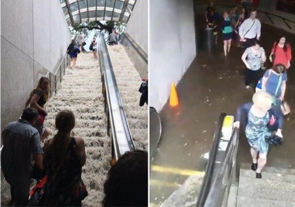 雨势来得又快又猛,造成的积水冲进克利夫兰公园地铁站,手扶电梯瞬间